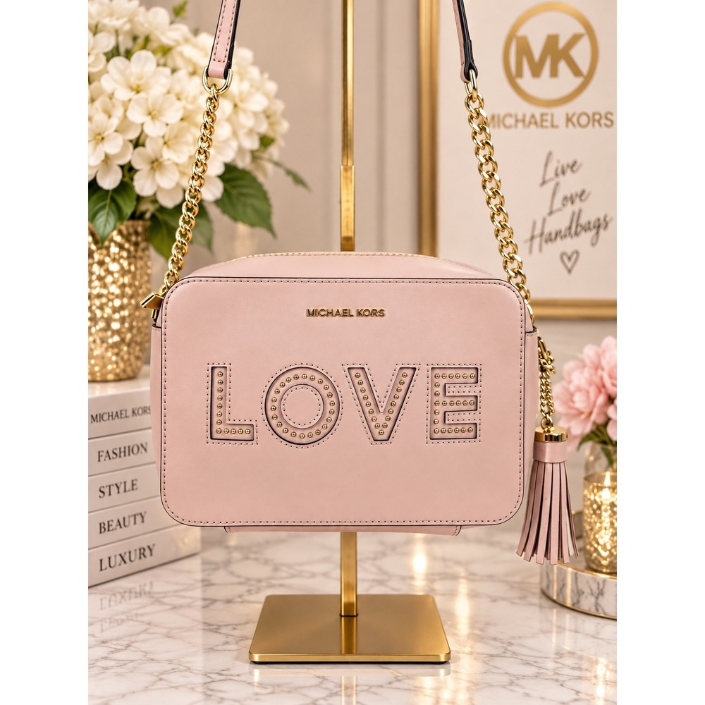 Michael Kors Ginny Camera Bag Pink Leather Studded Love Crossbody Tassel